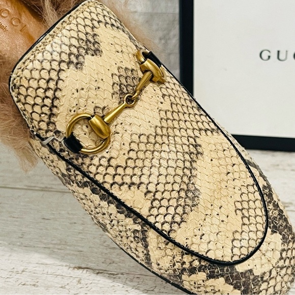 Gucci Princetown Python Fur Slipper EU 38 US 8 Horsebit Mule Loafer Flats Beige - Picture 13 of 16